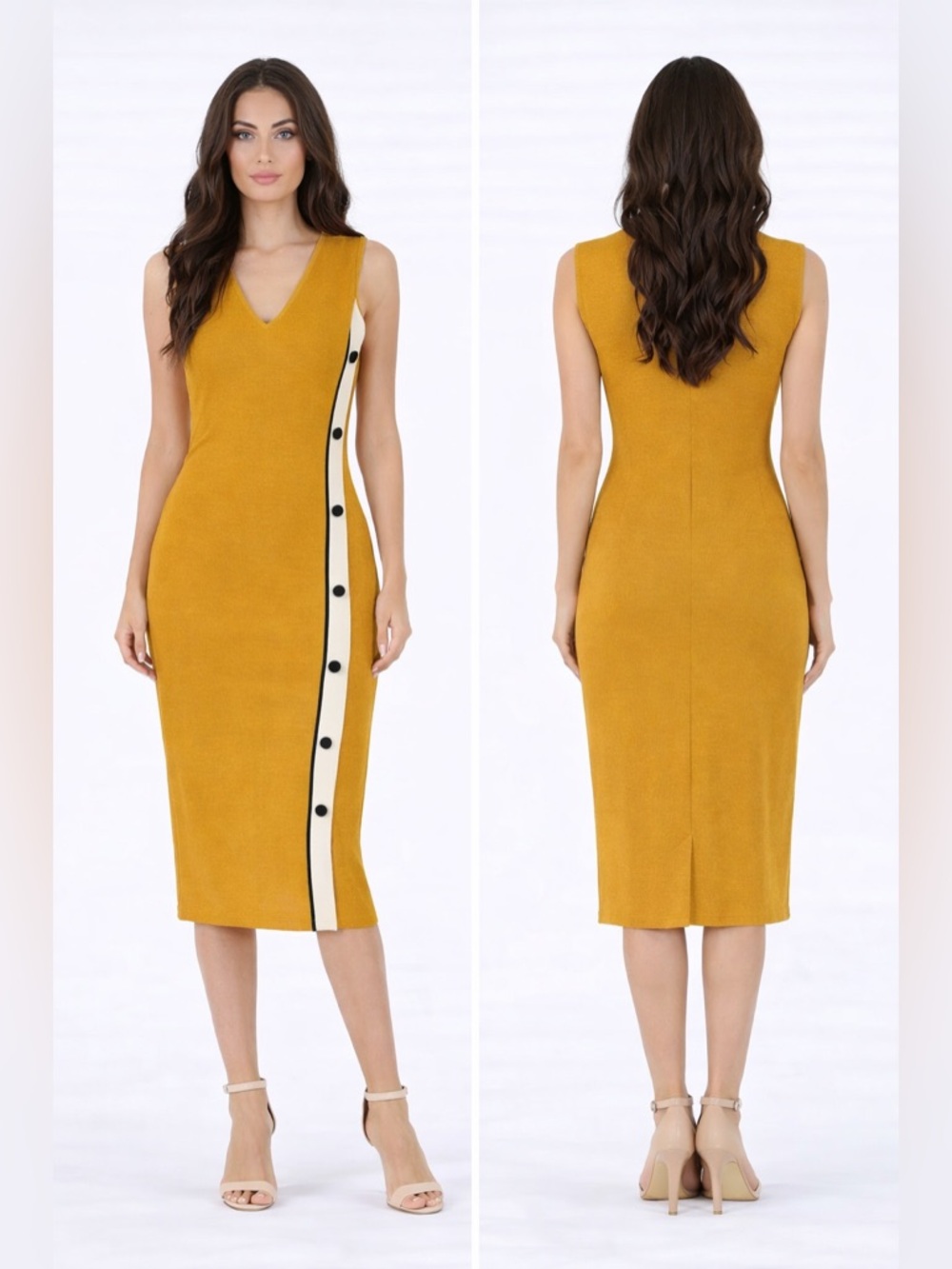 New York & Company Mustard V-Neck Midi Dress with Contrast Side Stripe